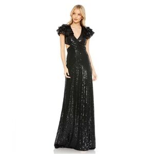 Mac Duggal Sequined Ruffled Cut Out Lace Up Gown‎ Black NWT 8 10829